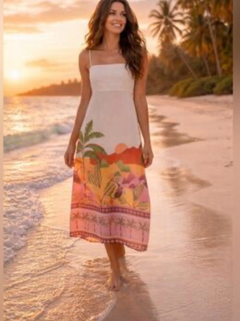 Paper Heart White Midi Sundress with Pink & Orange Tropical Border